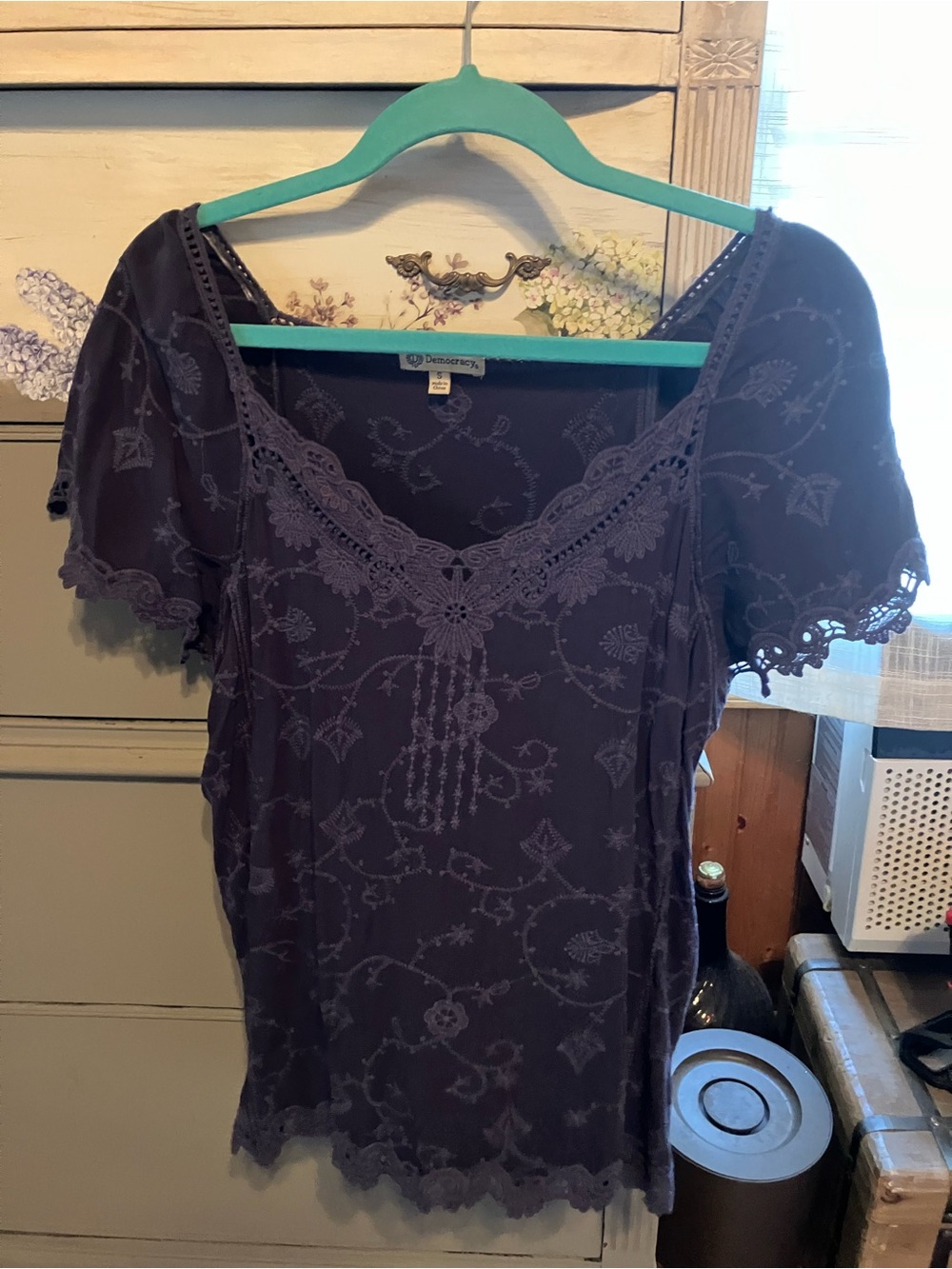 Democracy Purple Lace-Trim Embroidered Scoop Neck Top